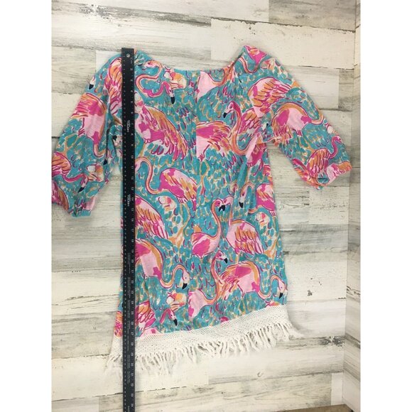 Lilly Pulitzer Sz S Alia Swim Coverup Dress Peel and Eat Flamingo with Fringe - Picture 13 of 14